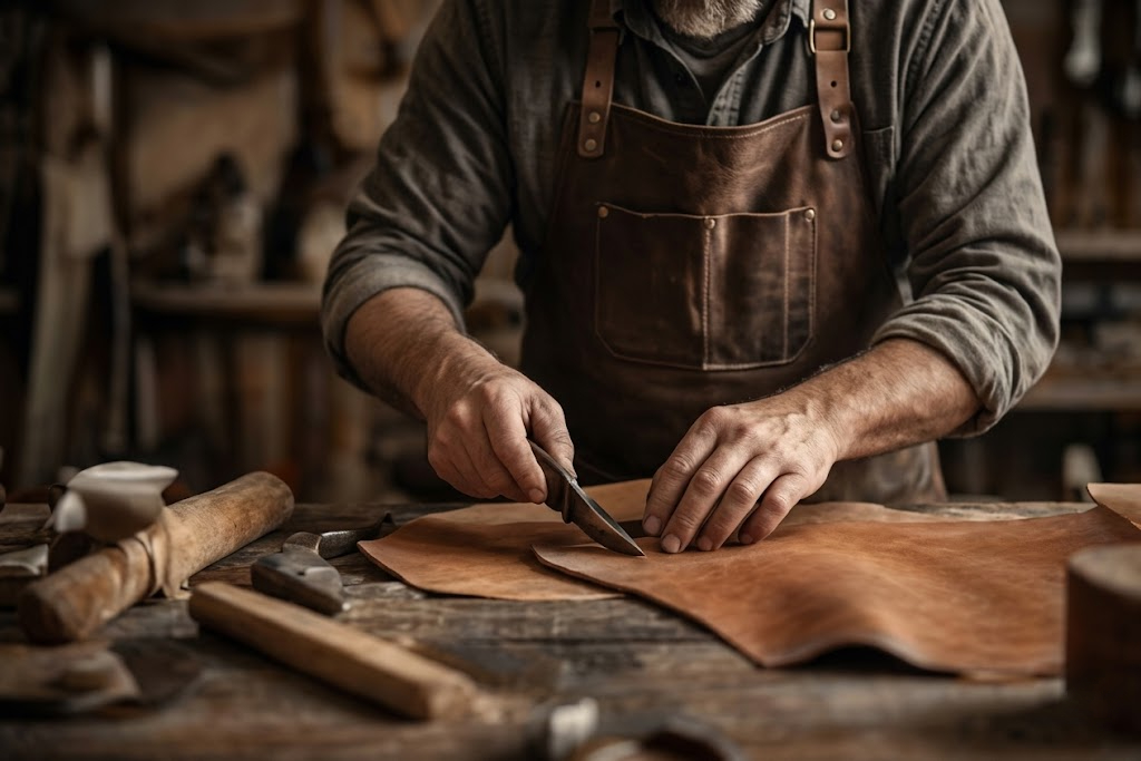 Craftsman cutting leather in workshop